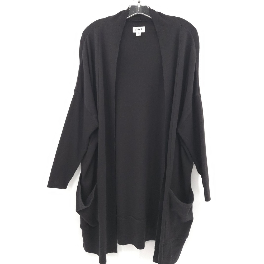 Pact Organic Brooklyn Airplane Cardigan Sweater Women M/L Black Cotton Open